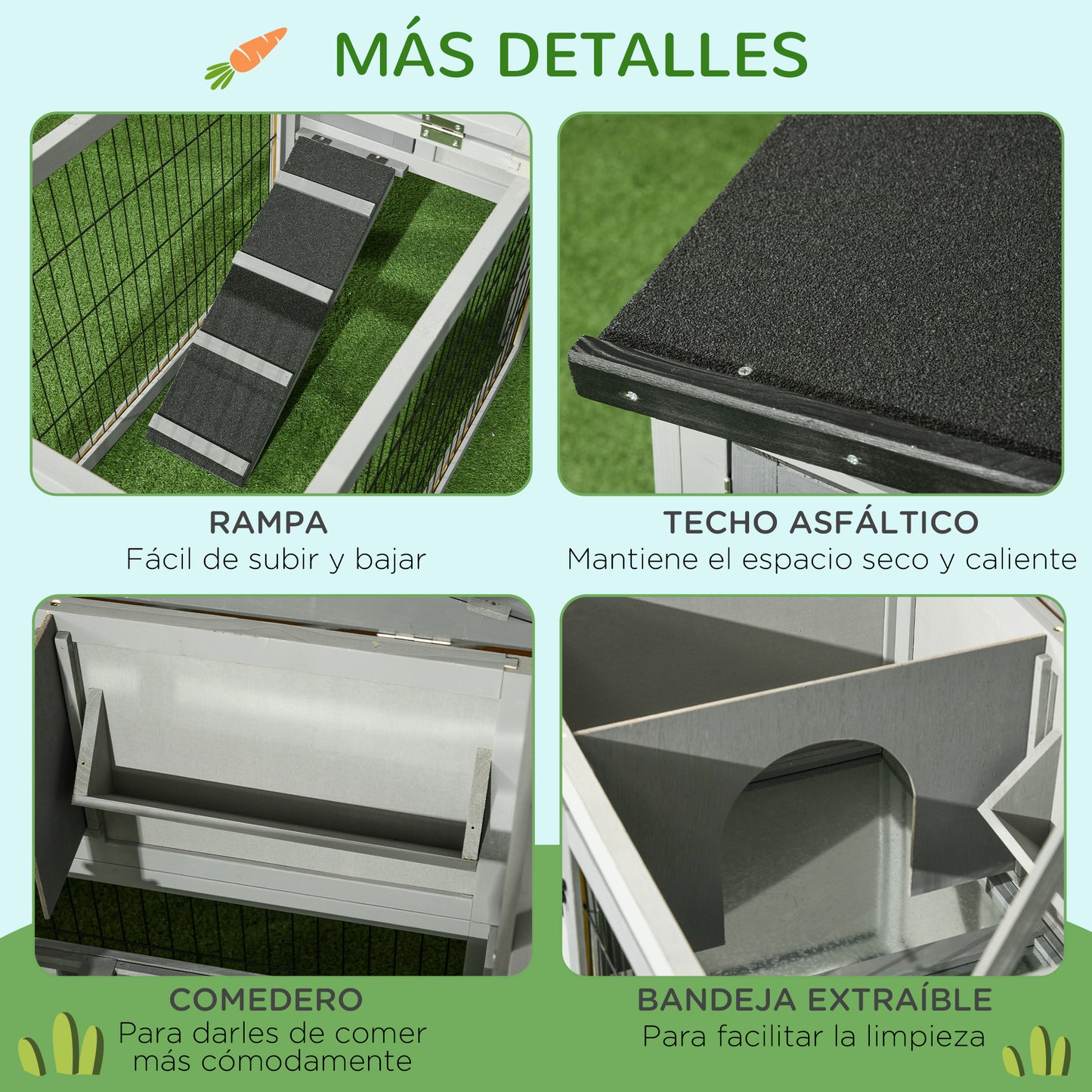 PawHut Conejera Exterior de Madera 150x52x68 cm Jaula para 1-2 Conejos Grande con Techo Asfáltico Abatible Bandeja Extraíble y Rampa Gris