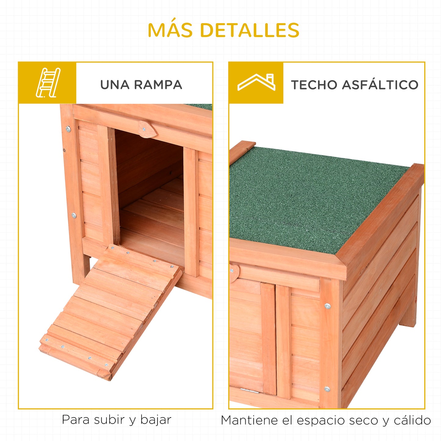 PawHut Conejera de Madera Exterior Jaula Caseta para Roedores Mascotas Pequeñas con Techo Asfáltico Abatible y Rampa Antideslizante 42x51x43 cm Natural