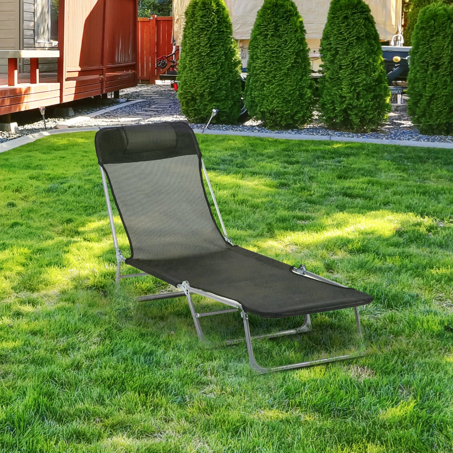 Outsunny Tumbona Plegable y Reclinable de Jardín con Reposacabezas y Respaldo Ajustable en 5 Niveles Tela de Texteline Transpirable 182x56x28 cm Negro