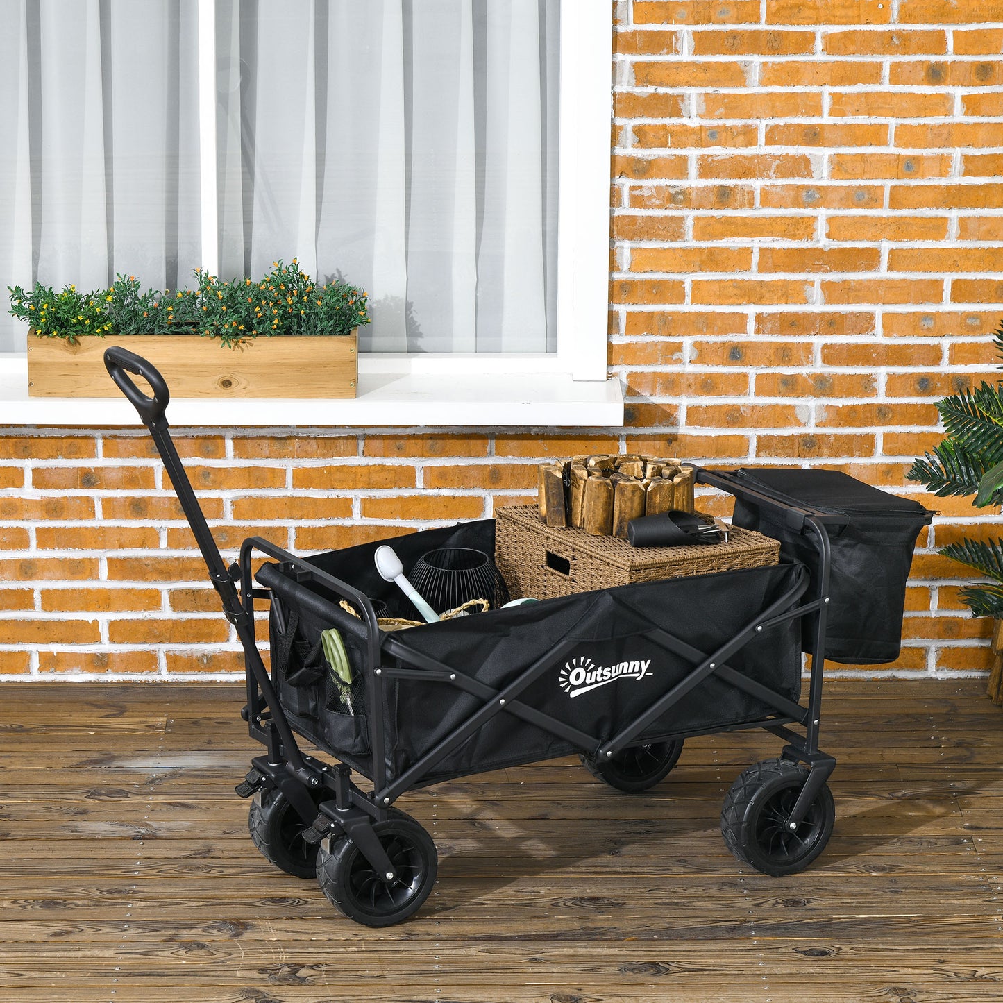 Outsunny Carro de Jardín con Bolsa Térmica Desmontable Carro Plegable con Longitud y Ángulo del Mango Ajustables y Bolsa de Transporte Carga 100 kg para Playa Negro