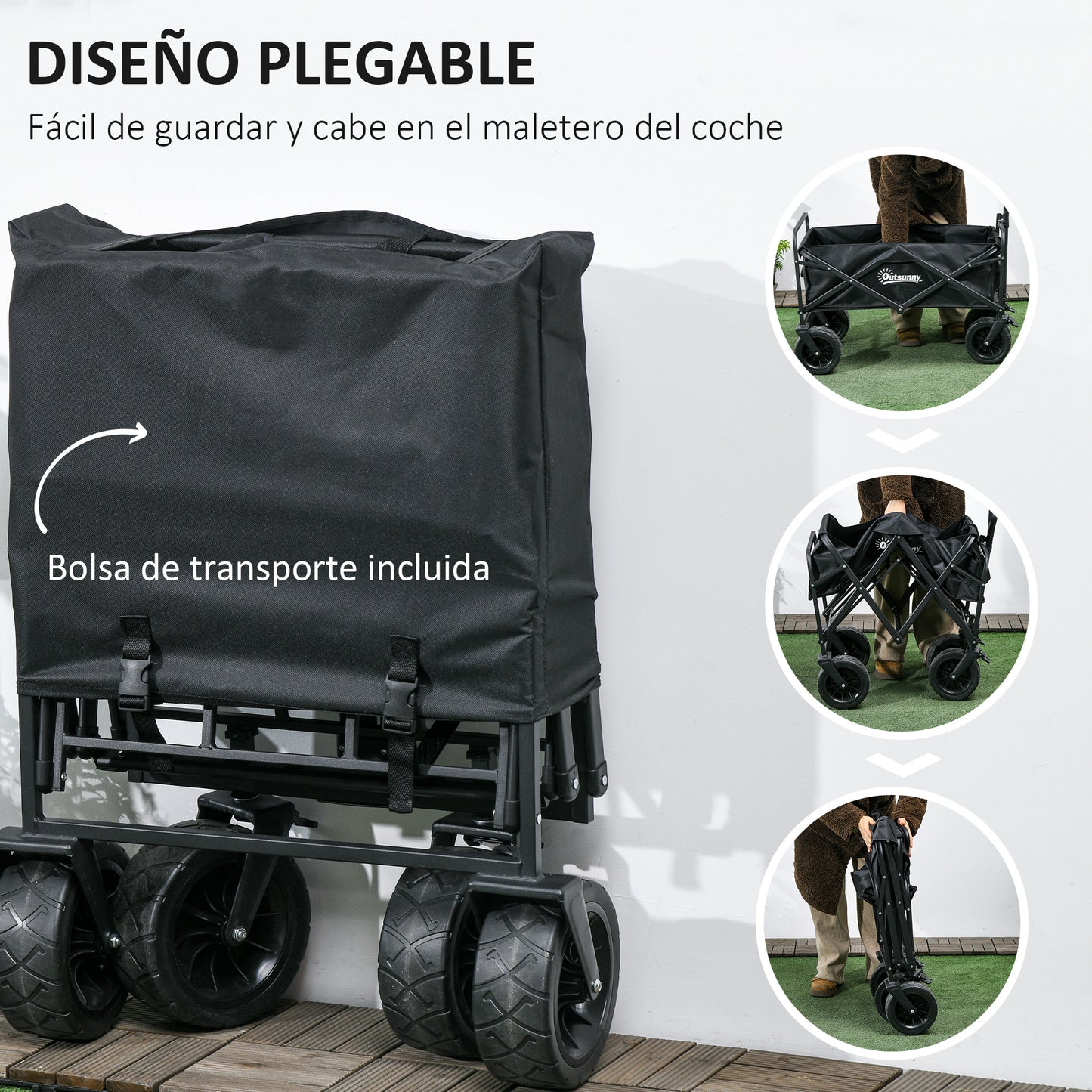 Outsunny Carro de Jardín con Bolsa Térmica Desmontable Carro Plegable con Longitud y Ángulo del Mango Ajustables y Bolsa de Transporte Carga 100 kg para Playa Negro