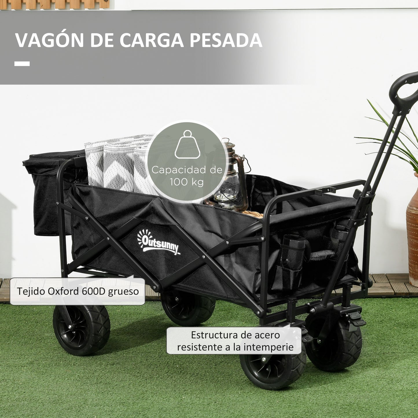 Outsunny Carro de Jardín con Bolsa Térmica Desmontable Carro Plegable con Longitud y Ángulo del Mango Ajustables y Bolsa de Transporte Carga 100 kg para Playa Negro