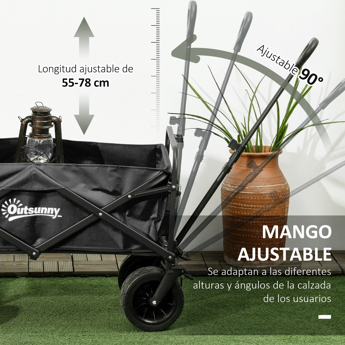 Outsunny Carro de Jardín con Bolsa Térmica Desmontable Carro Plegable con Longitud y Ángulo del Mango Ajustables y Bolsa de Transporte Carga 100 kg para Playa Negro