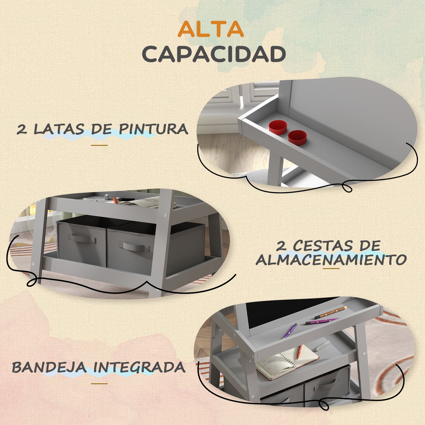 AIYAPLAY Pizarra Infantil Caballete de Pintura para Niños 3 en 1 Pizarra de Doble Cara Magnética con Rollo de Papel y Cestas de Almacenamiento Gris