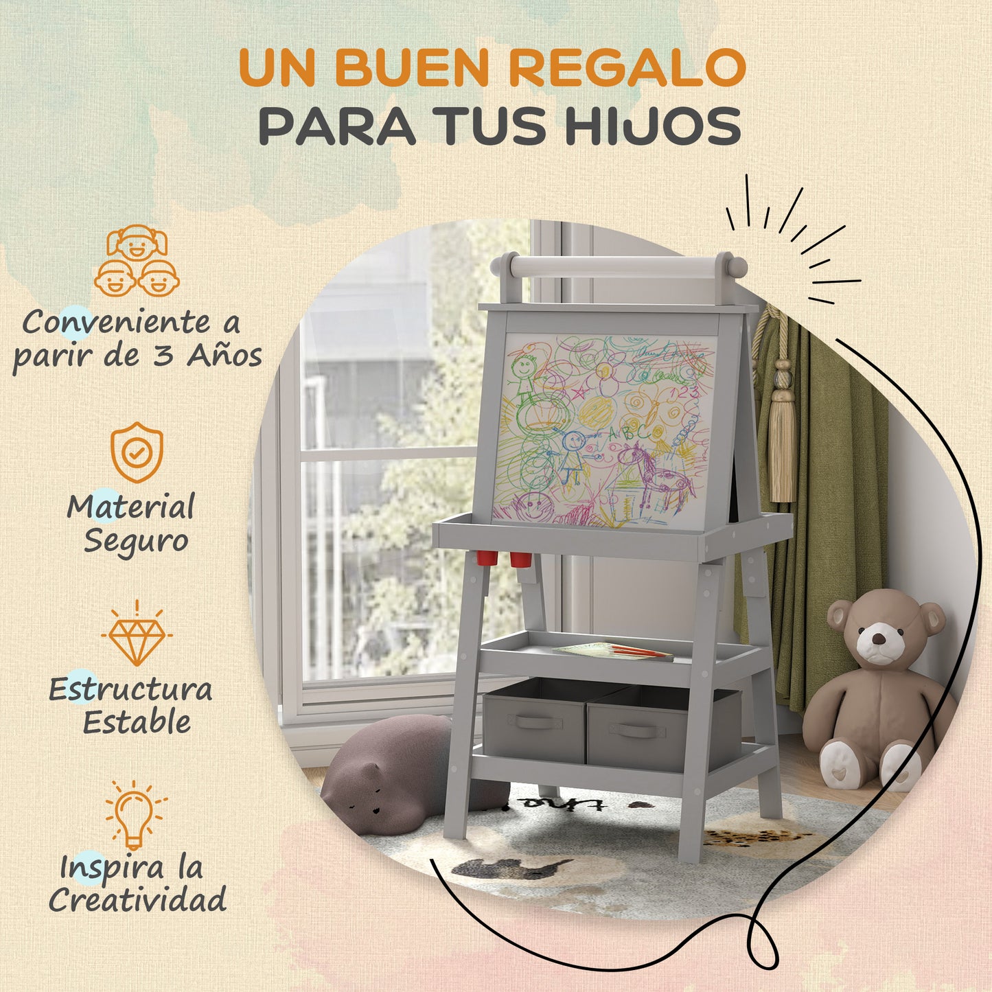 AIYAPLAY Pizarra Infantil Caballete de Pintura para Niños 3 en 1 Pizarra de Doble Cara Magnética con Rollo de Papel y Cestas de Almacenamiento Gris