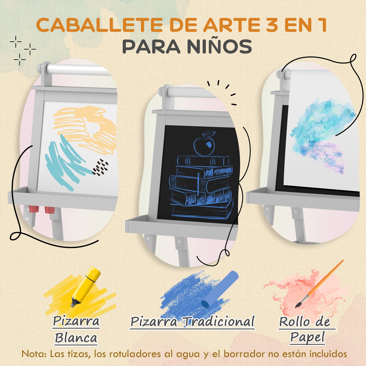 AIYAPLAY Pizarra Infantil Caballete de Pintura para Niños 3 en 1 Pizarra de Doble Cara Magnética con Rollo de Papel y Cestas de Almacenamiento Gris