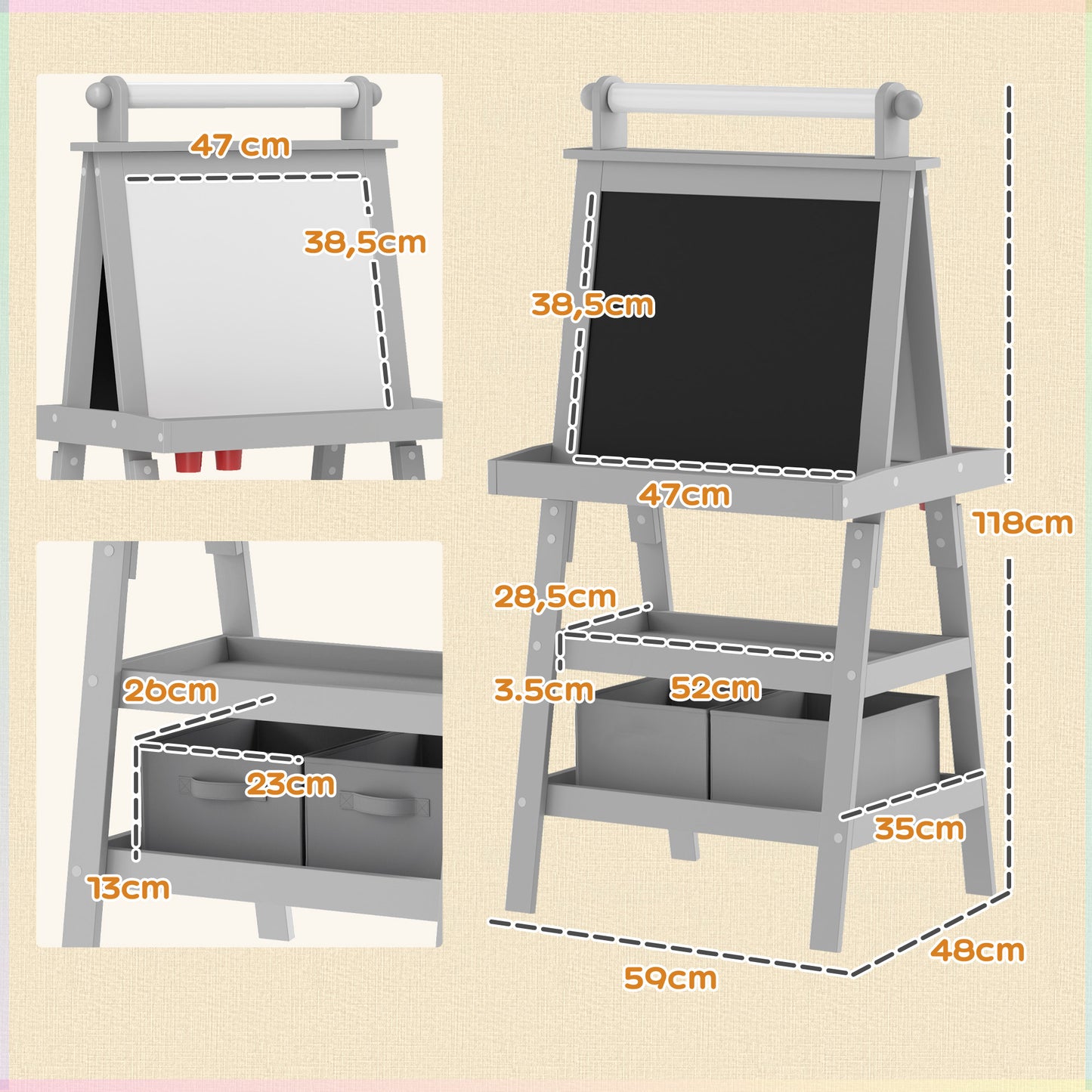 AIYAPLAY Pizarra Infantil Caballete de Pintura para Niños 3 en 1 Pizarra de Doble Cara Magnética con Rollo de Papel y Cestas de Almacenamiento Gris