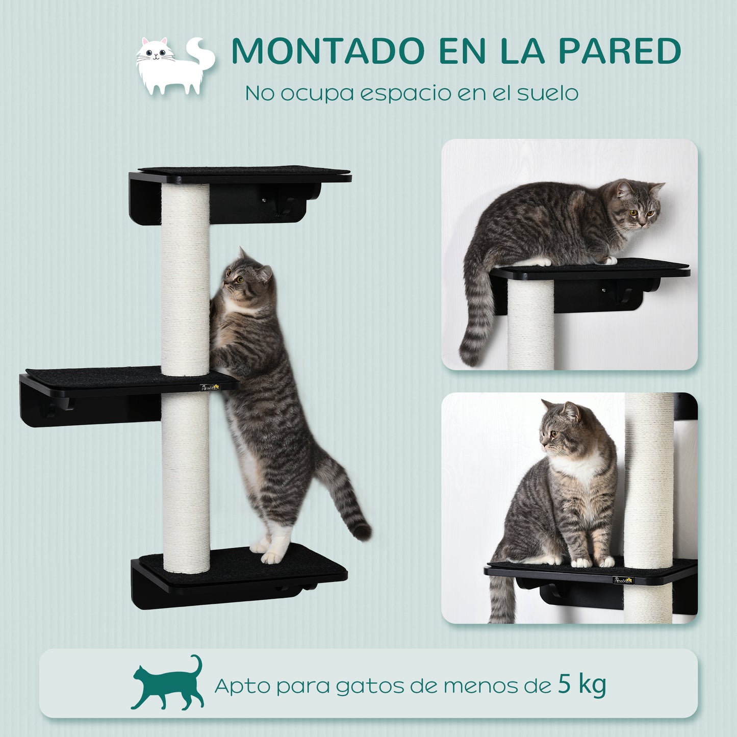 PawHut Árbol para Gatos de Pared con 3 Plataformas Cojín Extraíble y 2 Postes Rascadores de Sisal Torre para Escalar 63x28x93,5 cm Negro y Blanco