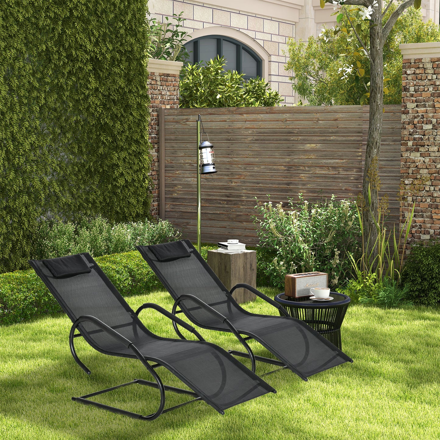 Outsunny Juego de 2 Tumbonas de Jardín Relax Sillas Tumbonas con Reposacabezas Reposapiés y Reposabrazos Carga 160 kg para Terraza Patio 160x59,5x83 cm Negro