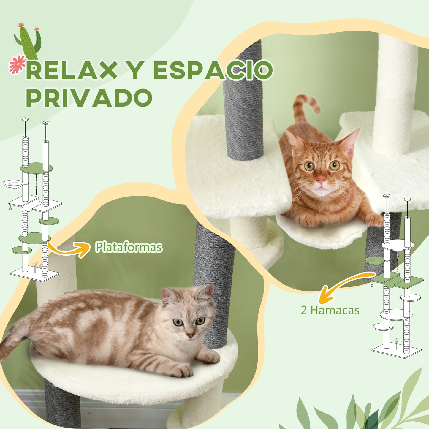 PawHut Árbol para Gatos de Suelo a Techo 225-255 cm Árbol Rascador para Gatos de 7 Niveles Torre para Gatos con Hamacas Plataformas Juguete de Cuerda Bola de Juguete Crema y Gris