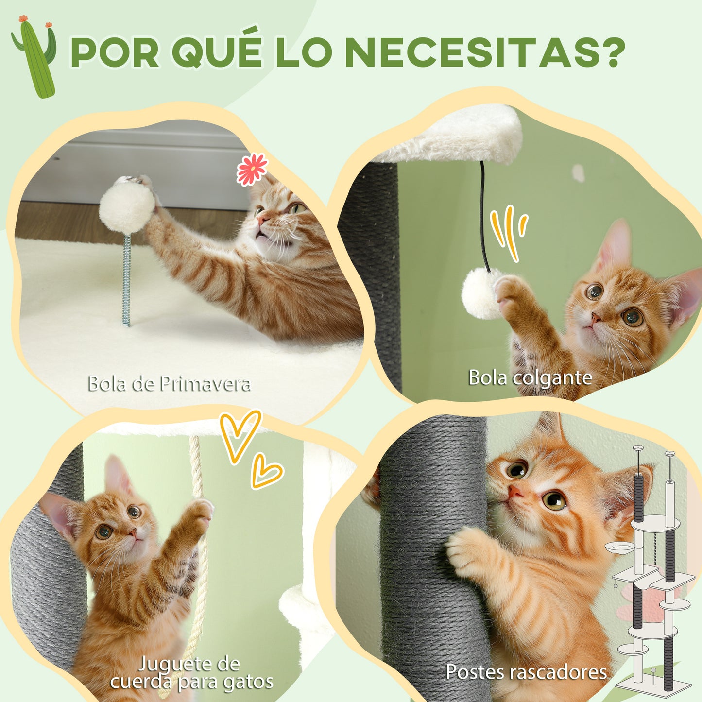 PawHut Árbol para Gatos de Suelo a Techo 225-255 cm Árbol Rascador para Gatos de 7 Niveles Torre para Gatos con Hamacas Plataformas Juguete de Cuerda Bola de Juguete Crema y Gris