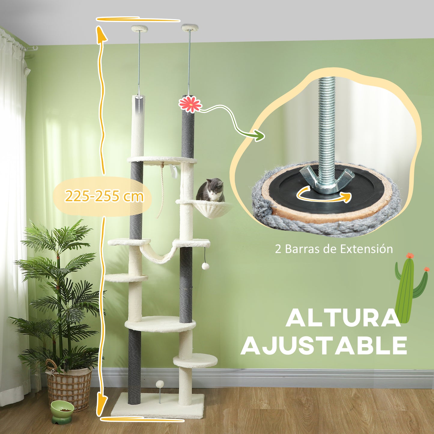 PawHut Árbol para Gatos de Suelo a Techo 225-255 cm Árbol Rascador para Gatos de 7 Niveles Torre para Gatos con Hamacas Plataformas Juguete de Cuerda Bola de Juguete Crema y Gris