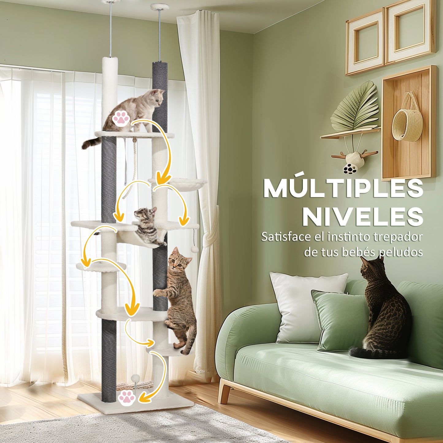 PawHut Árbol para Gatos de Suelo a Techo 225-255 cm Árbol Rascador para Gatos de 7 Niveles Torre para Gatos con Hamacas Plataformas Juguete de Cuerda Bola de Juguete Crema y Gris