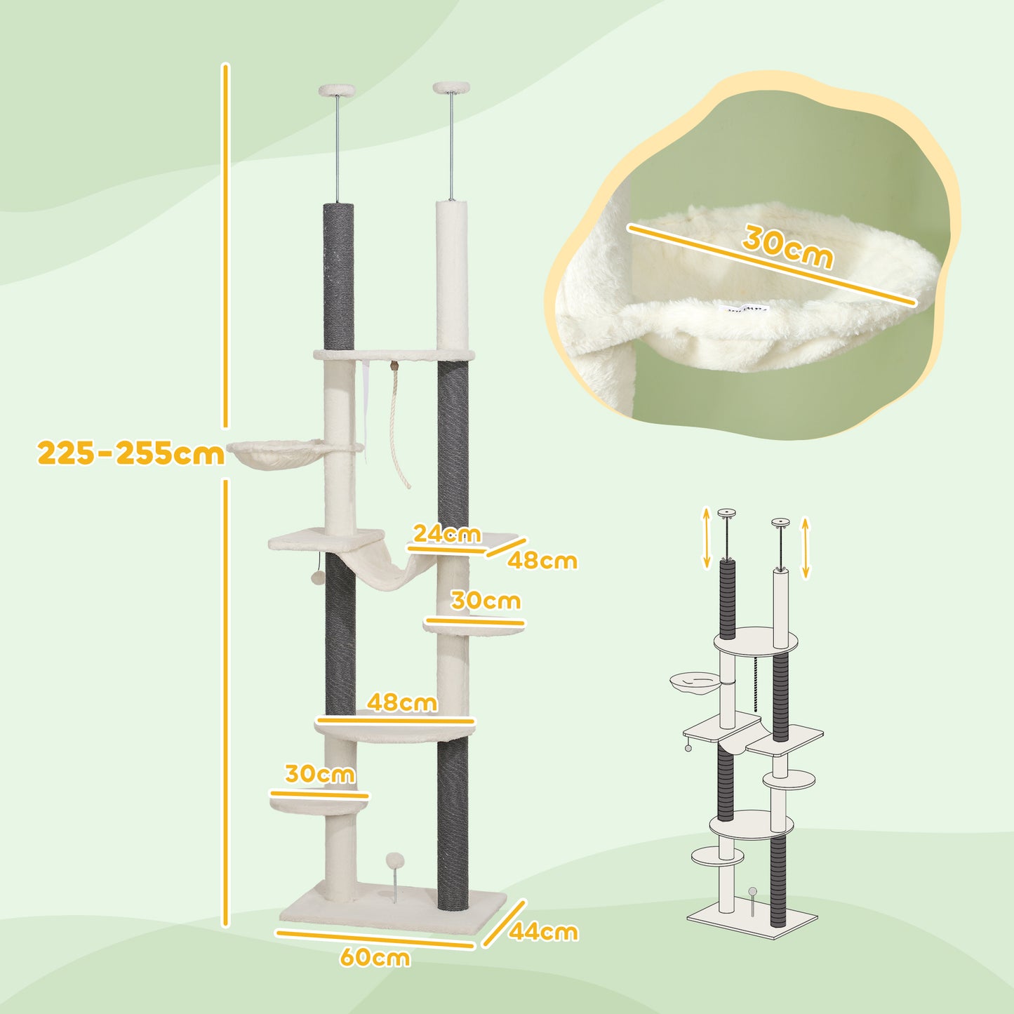 PawHut Árbol para Gatos de Suelo a Techo 225-255 cm Árbol Rascador para Gatos de 7 Niveles Torre para Gatos con Hamacas Plataformas Juguete de Cuerda Bola de Juguete Crema y Gris