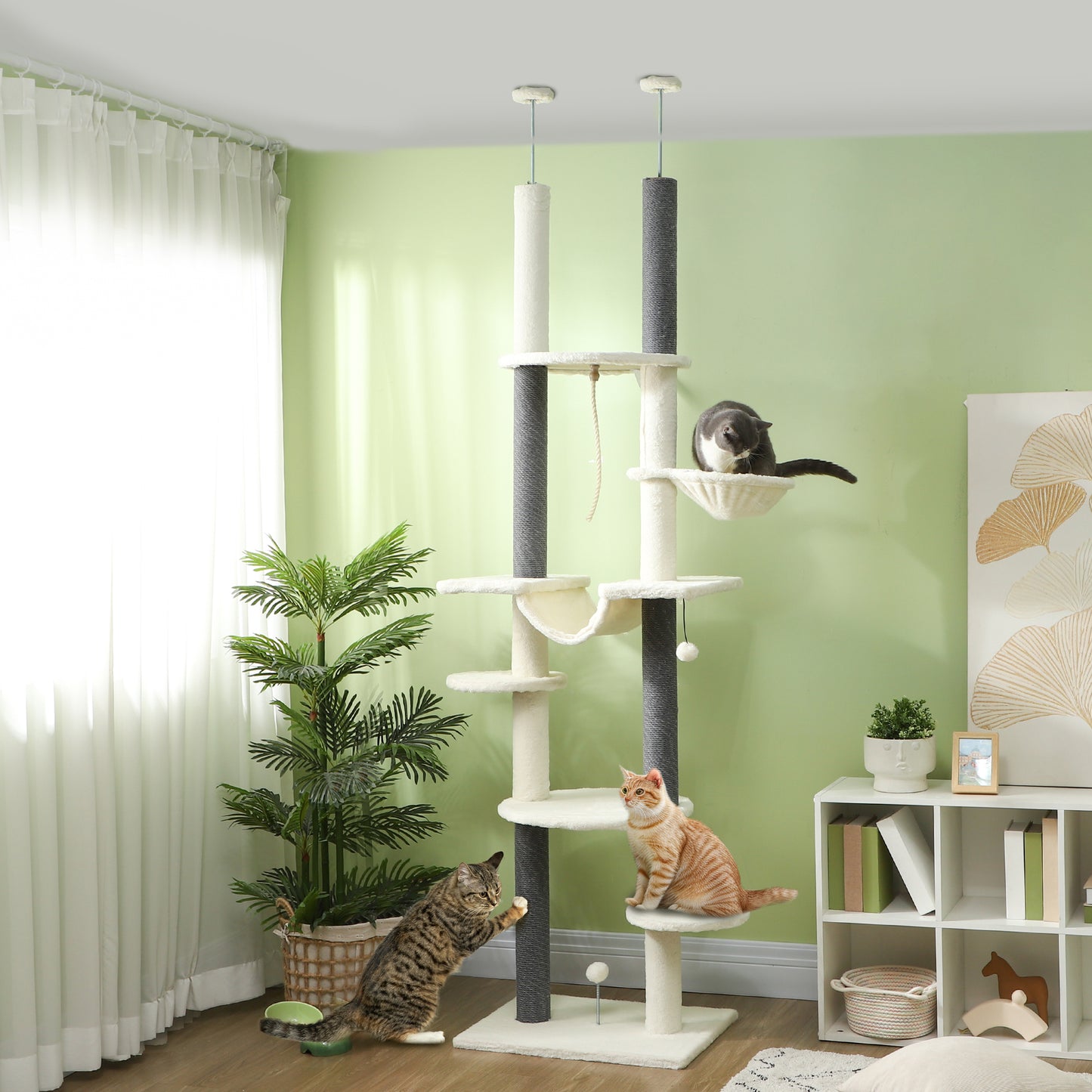 PawHut Árbol para Gatos de Suelo a Techo 225-255 cm Árbol Rascador para Gatos de 7 Niveles Torre para Gatos con Hamacas Plataformas Juguete de Cuerda Bola de Juguete Crema y Gris