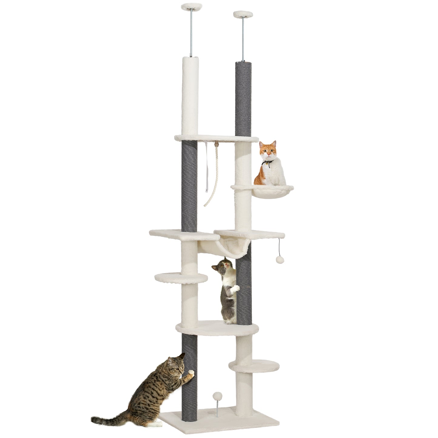 PawHut Árbol para Gatos de Suelo a Techo 225-255 cm Árbol Rascador para Gatos de 7 Niveles Torre para Gatos con Hamacas Plataformas Juguete de Cuerda Bola de Juguete Crema y Gris