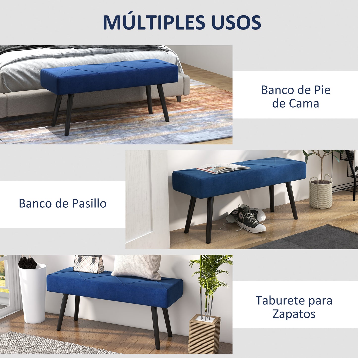 HOMCOM Taburete Pie de Cama Multifuncional Banco Pie de Cama Moderno Banco Dormitorio con Pies de Acero y Asiento Acolchado Carga 120 kg para Entrada Pasillo 100x36x45 cm Azul Oscuro