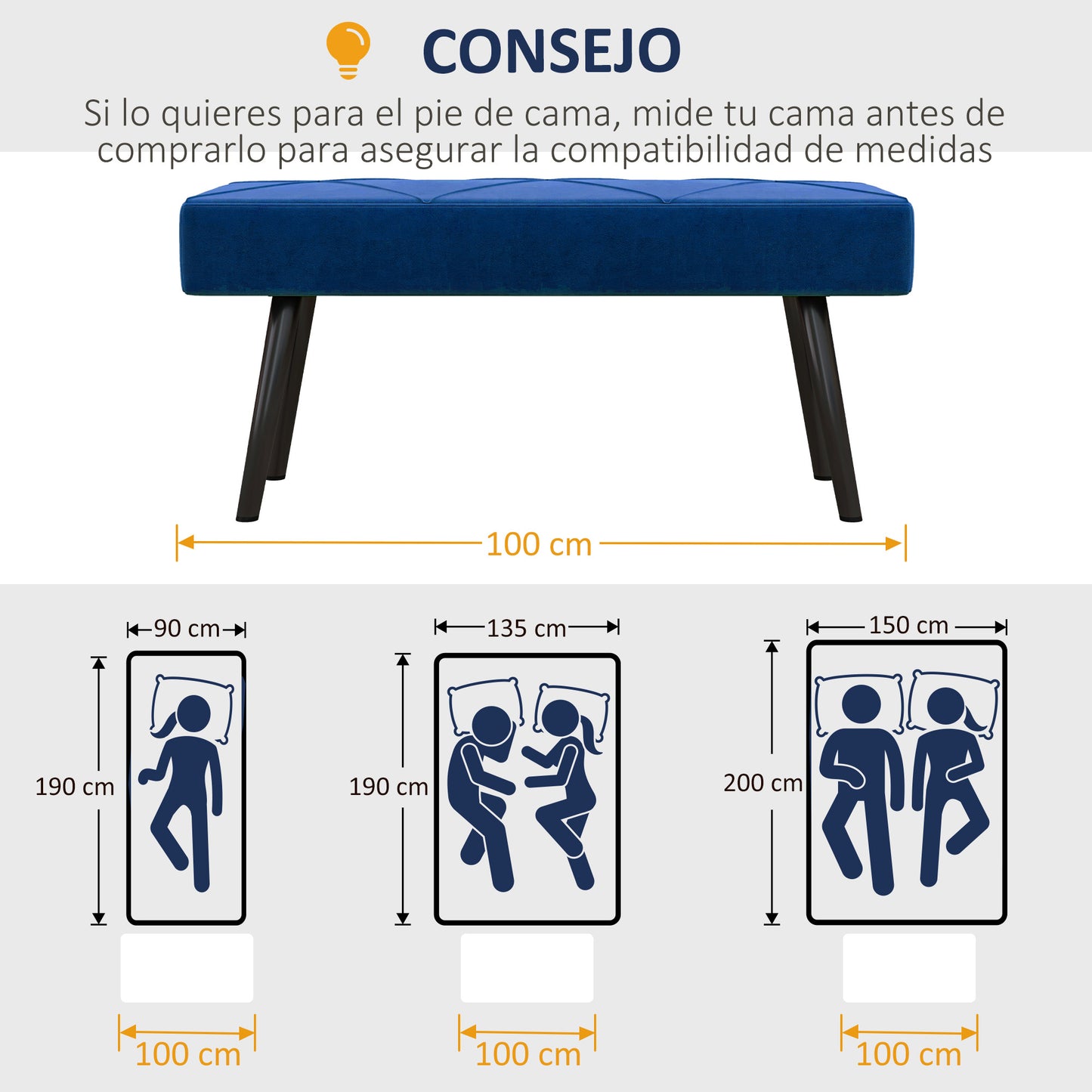 HOMCOM Taburete Pie de Cama Multifuncional Banco Pie de Cama Moderno Banco Dormitorio con Pies de Acero y Asiento Acolchado Carga 120 kg para Entrada Pasillo 100x36x45 cm Azul Oscuro