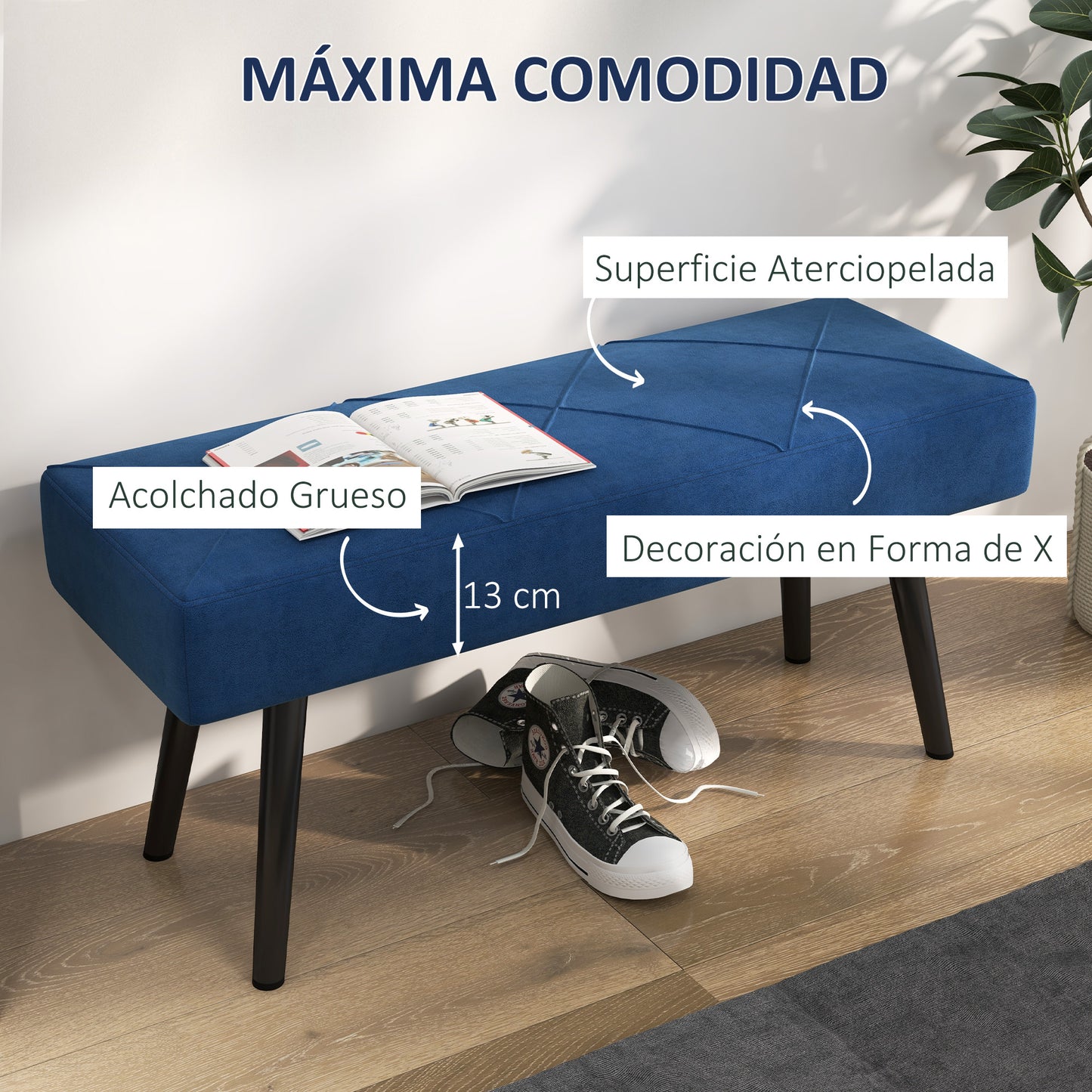 HOMCOM Taburete Pie de Cama Multifuncional Banco Pie de Cama Moderno Banco Dormitorio con Pies de Acero y Asiento Acolchado Carga 120 kg para Entrada Pasillo 100x36x45 cm Azul Oscuro