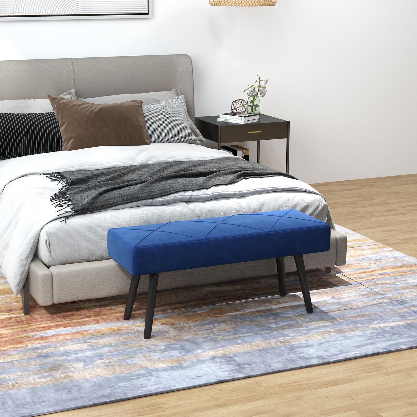 HOMCOM Taburete Pie de Cama Multifuncional Banco Pie de Cama Moderno Banco Dormitorio con Pies de Acero y Asiento Acolchado Carga 120 kg para Entrada Pasillo 100x36x45 cm Azul Oscuro