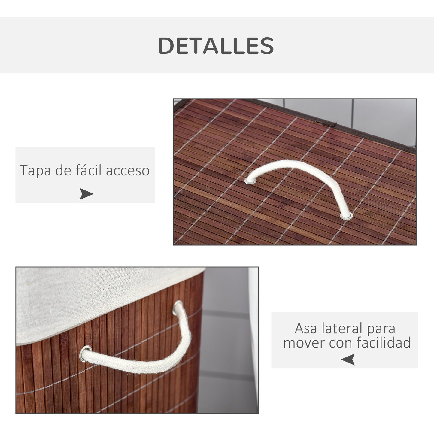 HOMCOM Cesto para Ropa Sucia de Bambú Capacidad de 100L Cesta para la Colada Rectangular con Tapa Extraíble Bolsa de 2 Compartimentos 52x32x63 cm Marrón