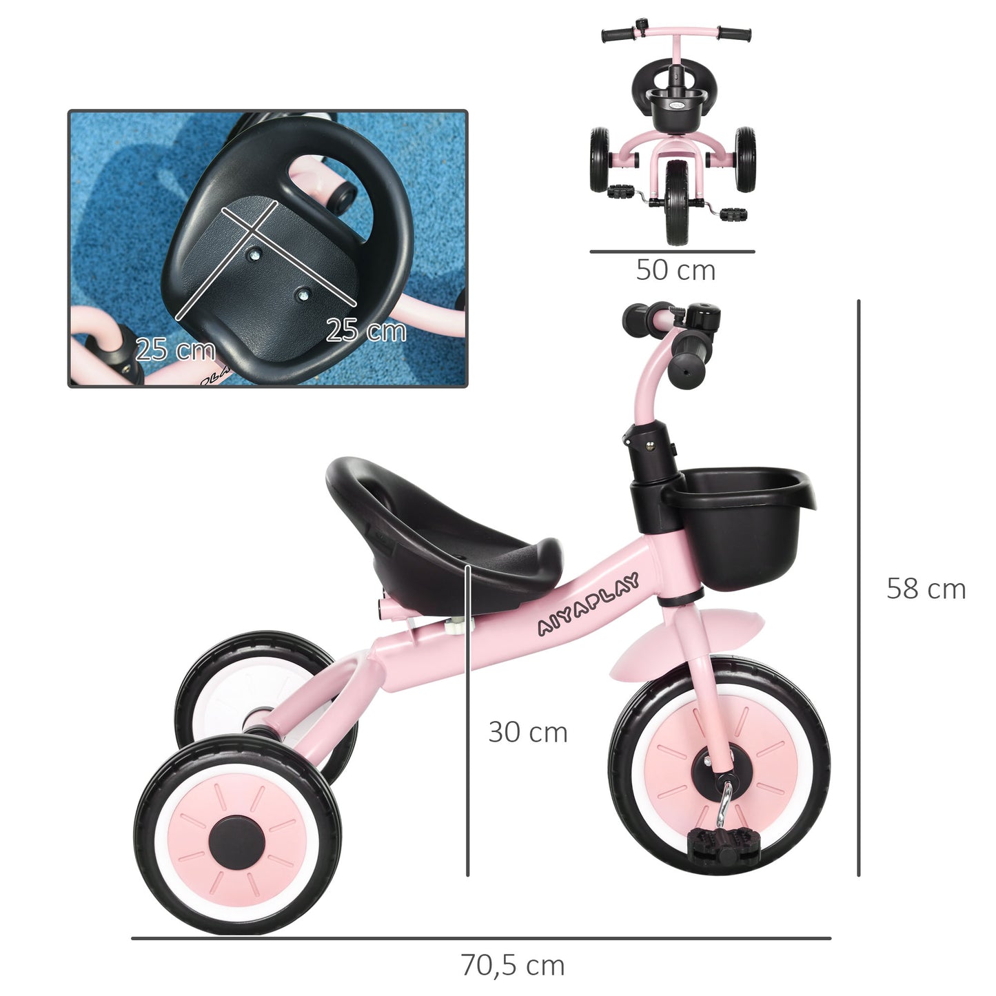 AIYAPLAY Triciclo para Niños de 2 a 5 Años Bicicleta Infantil con Asiento Ajustable Cesta Timbre Pedales y 3 Ruedas Carga 25 kg 70,5x53x58 cm Rosa