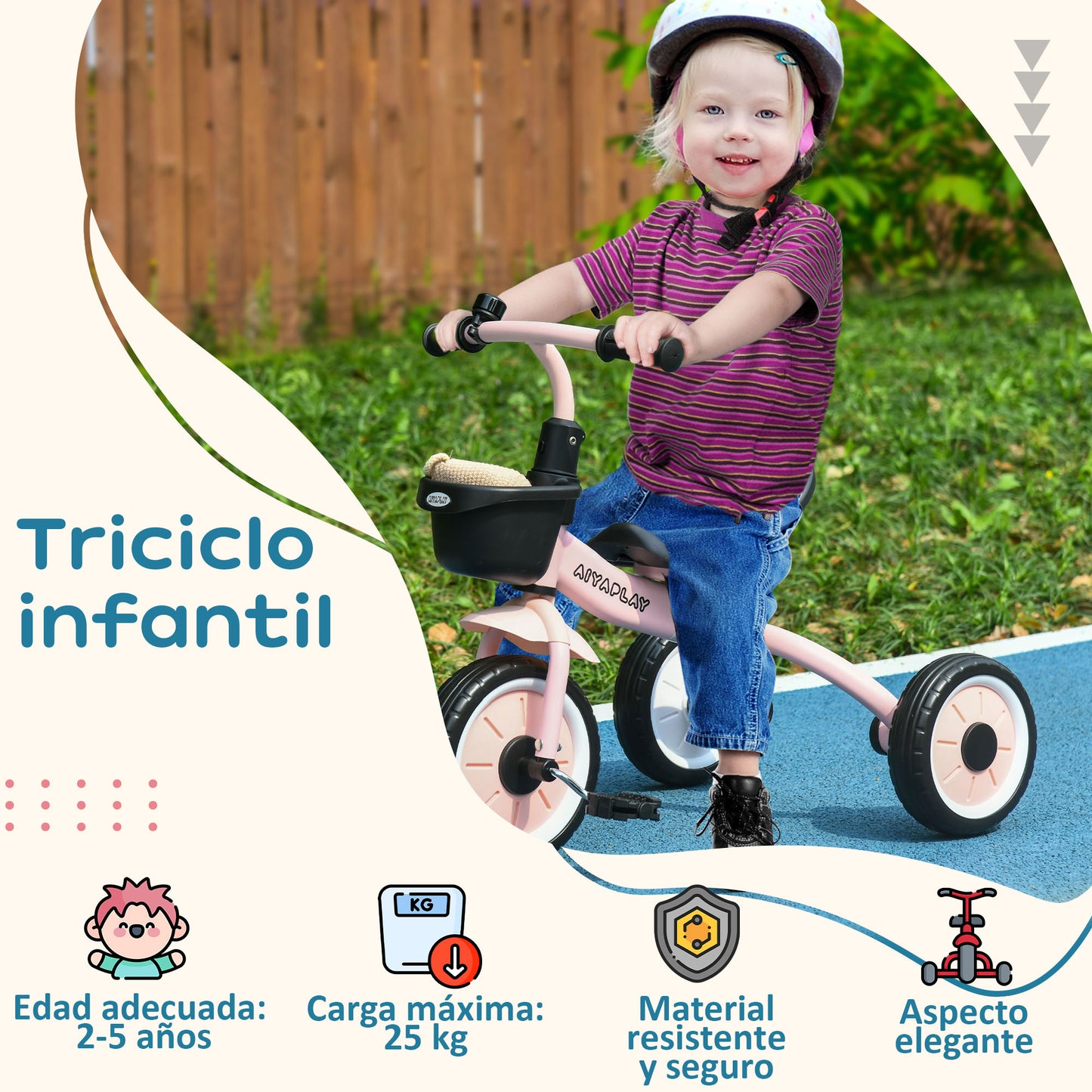 AIYAPLAY Triciclo para Niños de 2 a 5 Años Bicicleta Infantil con Asiento Ajustable Cesta Timbre Pedales y 3 Ruedas Carga 25 kg 70,5x53x58 cm Rosa