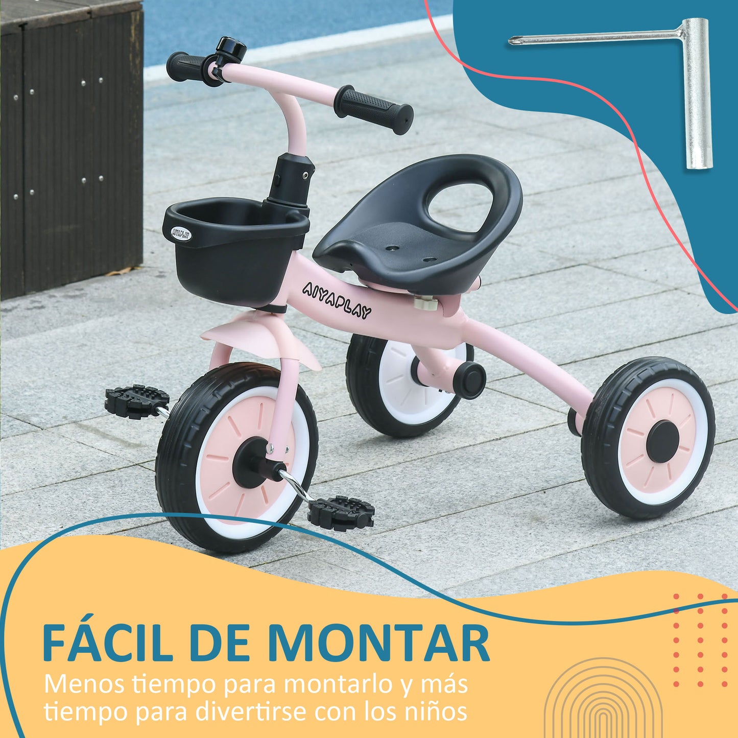 AIYAPLAY Triciclo para Niños de 2 a 5 Años Bicicleta Infantil con Asiento Ajustable Cesta Timbre Pedales y 3 Ruedas Carga 25 kg 70,5x53x58 cm Rosa