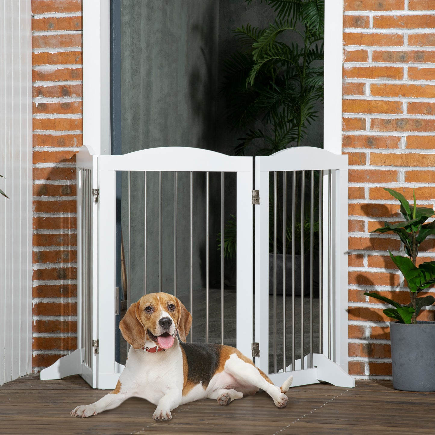 PawHut Barrera de Seguridad para Perros para Escaleras y Puertas 154x30x80 cm Valla para Perros Plegable con Soporte de Pie para Uso Interiores Blanco