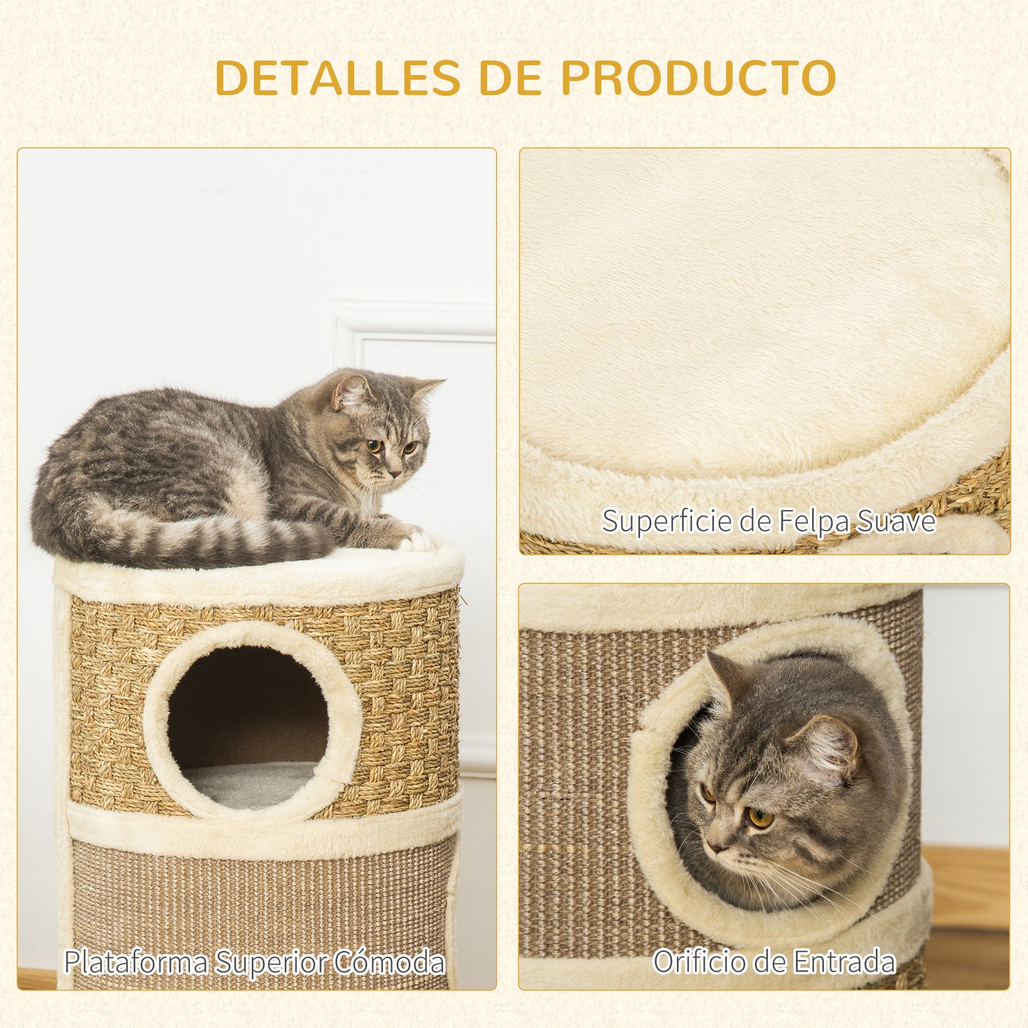 PawHut Tonel Rascador para Gatos con 3 Niveles Barril de Rascado con Plataforma Cama Cómoda 37,5x37,5x70 cm Marrón Claro y Beige