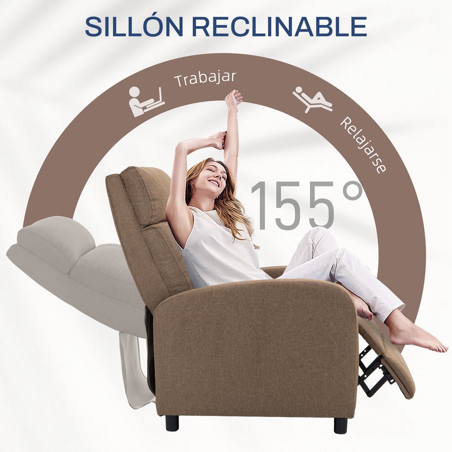 HOMCOM Sillón Relax Reclinable Manual Sillón Reclinable para Salón Tapizado en Tela con Reposapiés Respaldo Alto Carga 150 kg para Dormitorio Oficina Marrón