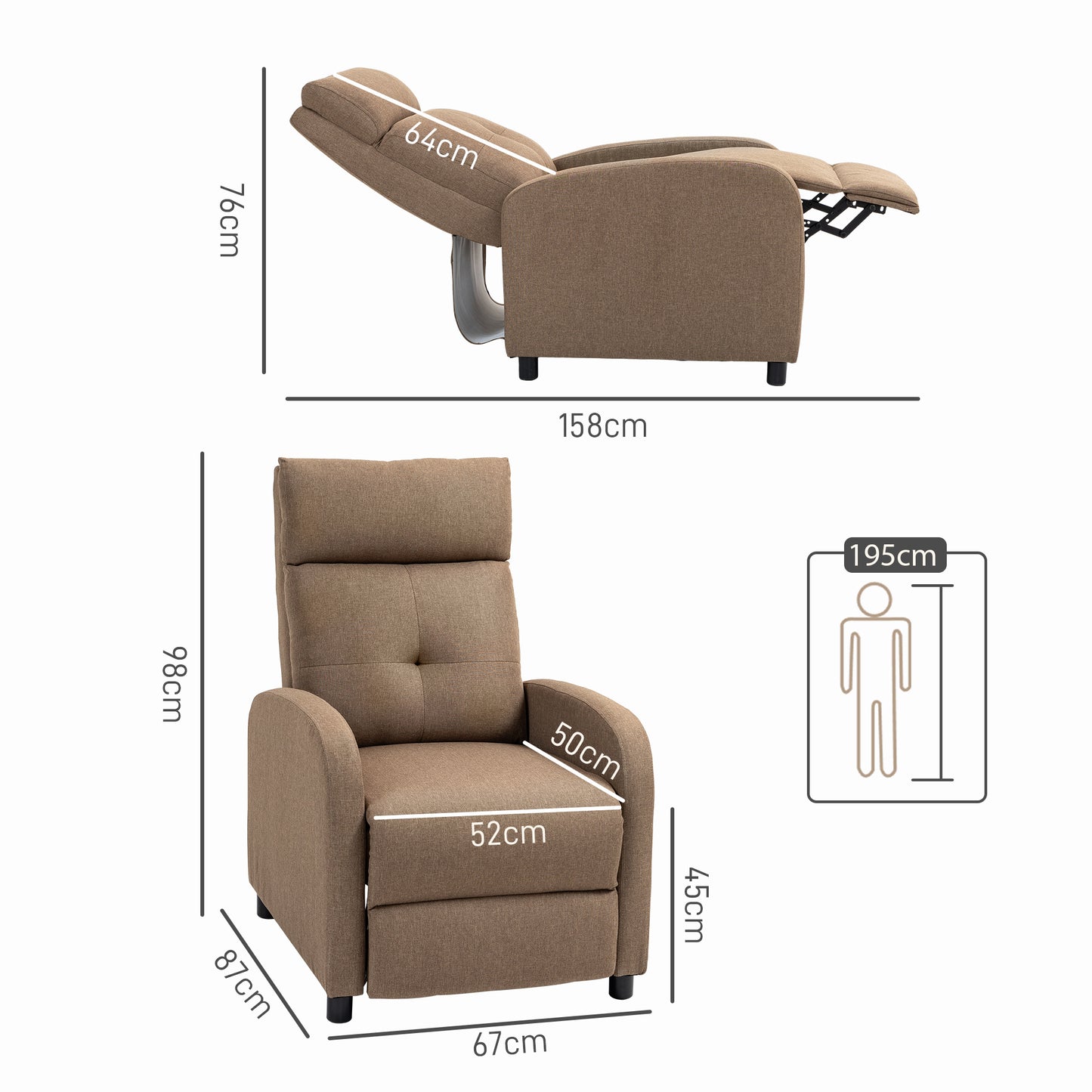 HOMCOM Sillón Relax Reclinable Manual Sillón Reclinable para Salón Tapizado en Tela con Reposapiés Respaldo Alto Carga 150 kg para Dormitorio Oficina Marrón