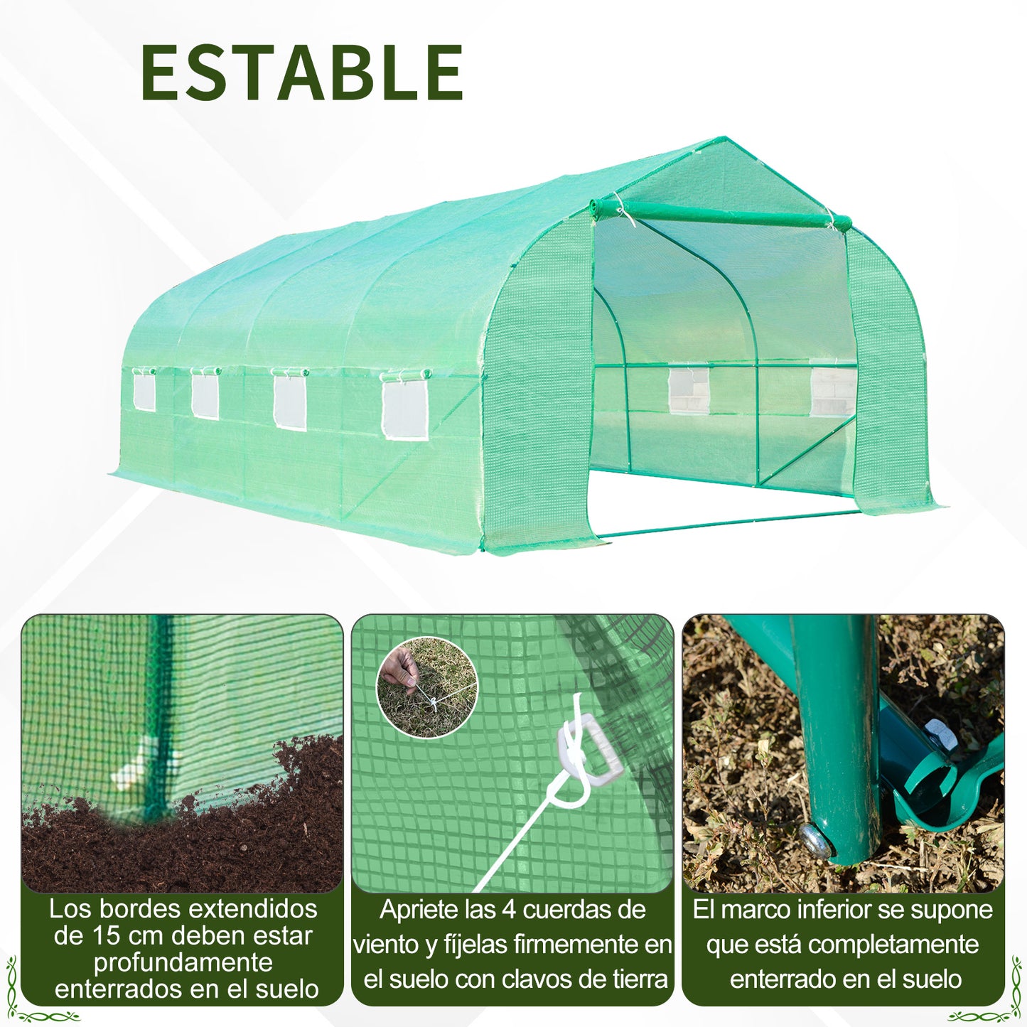 Outsunny Invernadero de Jardín 6x3x2 m Tipo Túnel para Cultivo Plantas Verduras con 8 Ventanas Transpirables y Puerta Enrollable con Cremallera Acero Verde