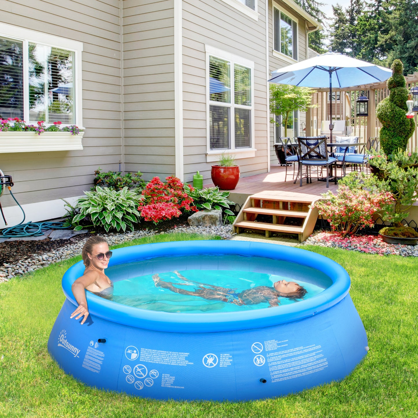 Outsunny Piscina Hinchable Redonda 4,000 Litros Ø274x76 cm Piscina Inflable Familiar para 3-4 Personas con Inflador de Mano para Jardín Patio Exterior Azul