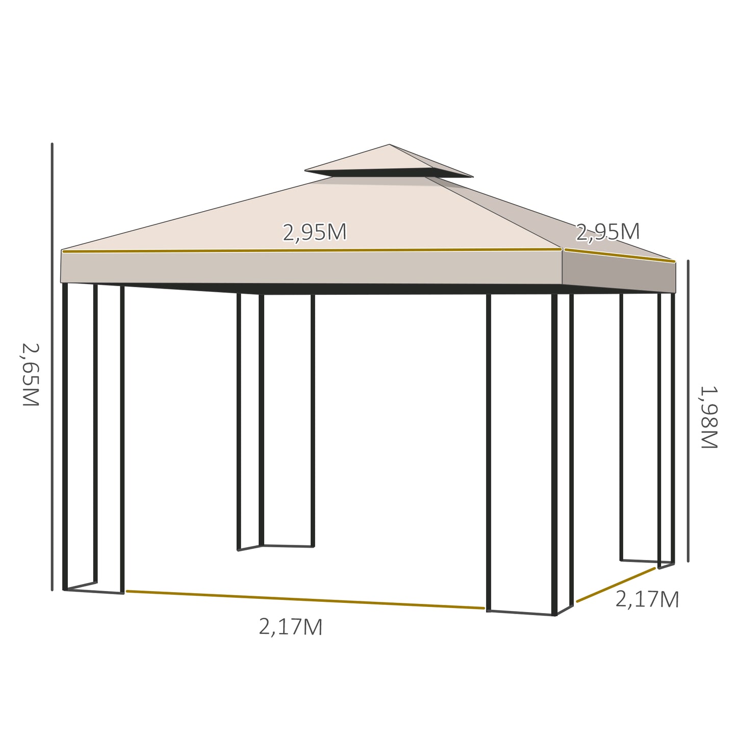 Outsunny Cenador de Jardín 3x3 m Pabellón para Exterior con Doble Techo de Ventilación y 4 Cortinas Laterales Extraíbles de Cremallera Gazebo para Terraza Patio Exterior Crema