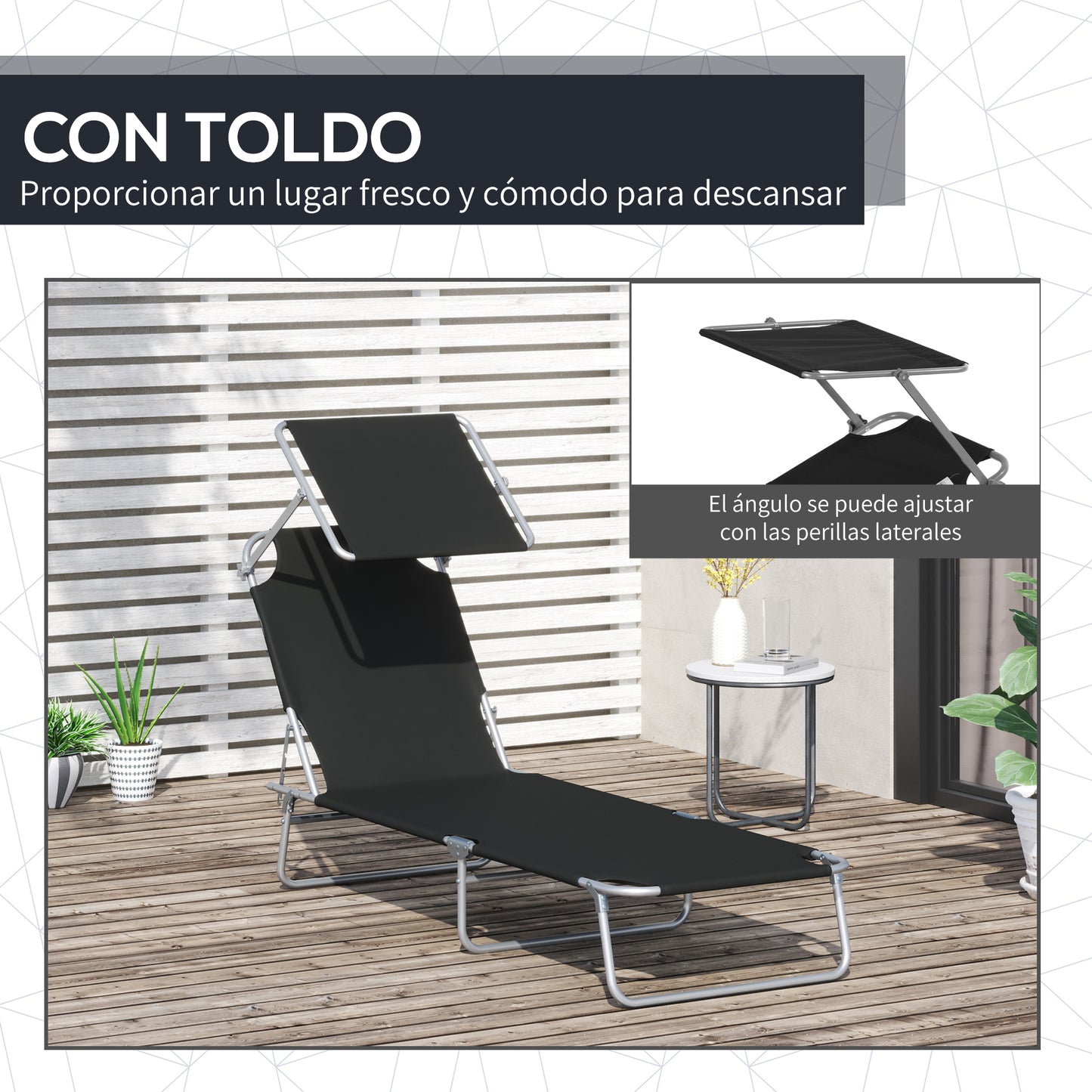 Outsunny Tumbona de Jardín Plegable Silla Tumbona con Toldo Desmontable y Regulable Respaldo Reclinable para Terraza Acampada al Aire Libre 187x58x36 cm Negro