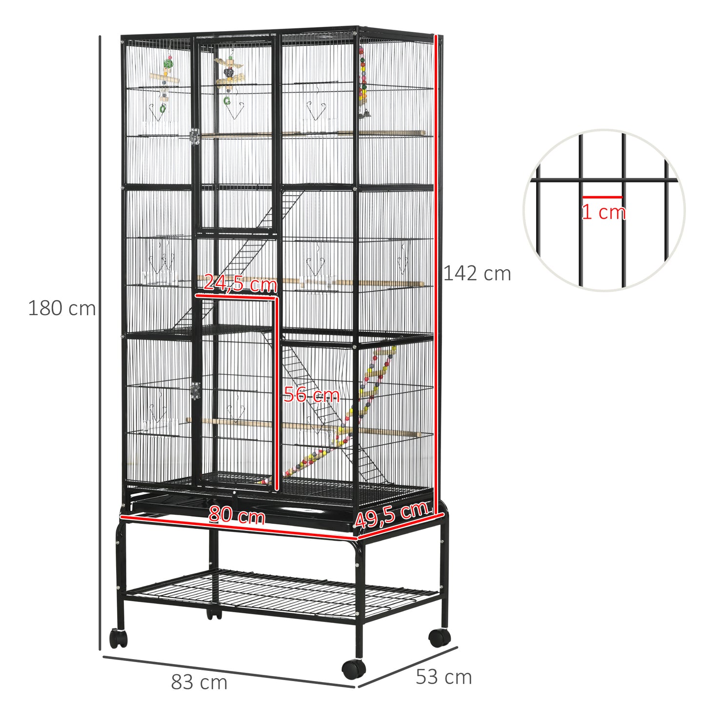 PawHut Jaula para Pájaros con Ruedas 83x53x180 cm Pajarera Metálica de 3 Niveles con 3 Perchas Comederos Juguetes Rampas y Estante de Almacenamiento para Canarios Periquitos Negro