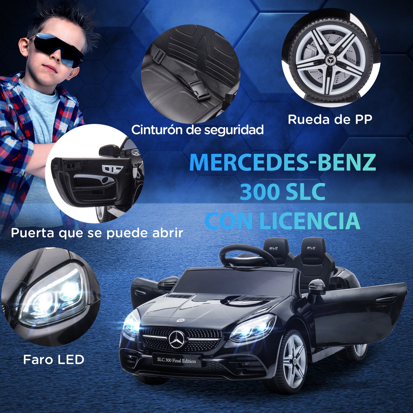 AIYAPLAY Coche Eléctrico para Niños de +3 Años Mercedes SLC 300 Coche Eléctrico con Batería 12V Carro Eléctrico Infantil con Mando a Distancia Faros LED Bocina Música Negro