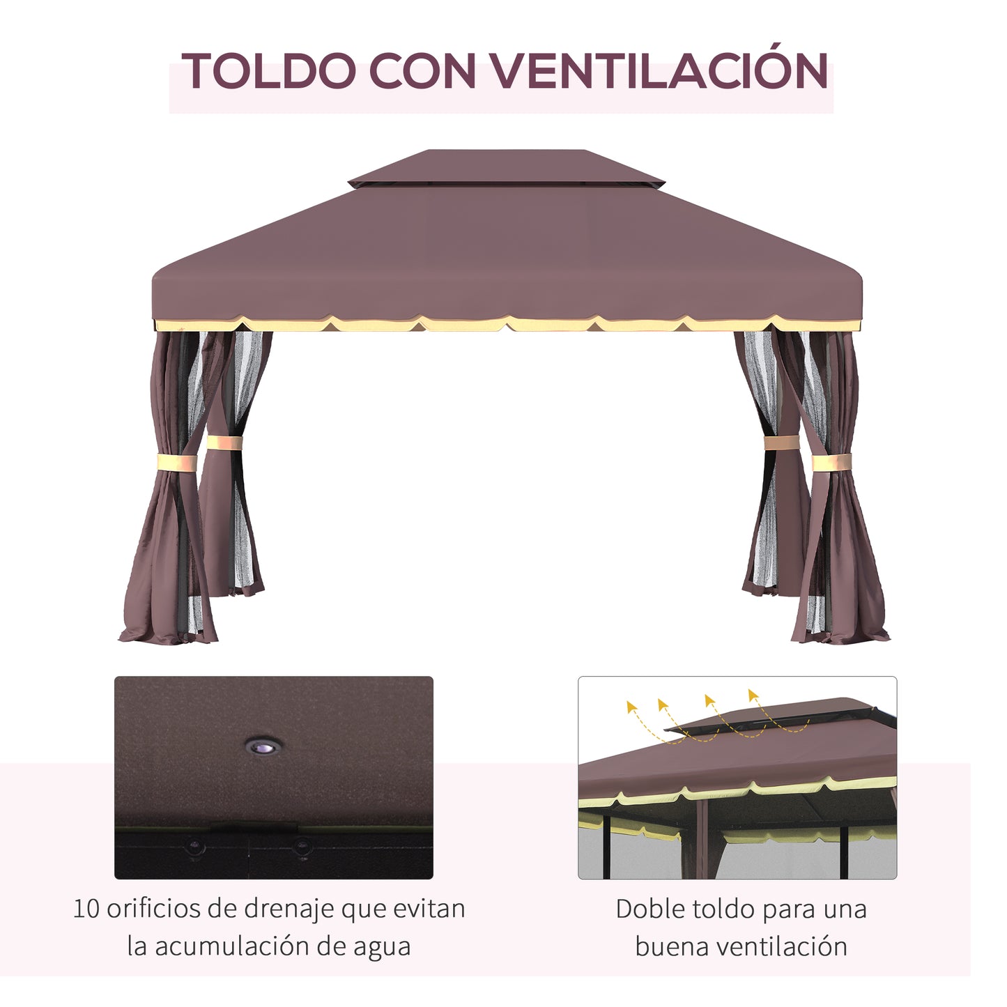 Outsunny Cenador de Jardín 4x3 m Gazebo de Aluminio con Techo de Ventilación 4 Cortinas Laterales 4 Mosquiteras y 8 Orificios de Drenaje para Fiestas Eventos Exterior Café