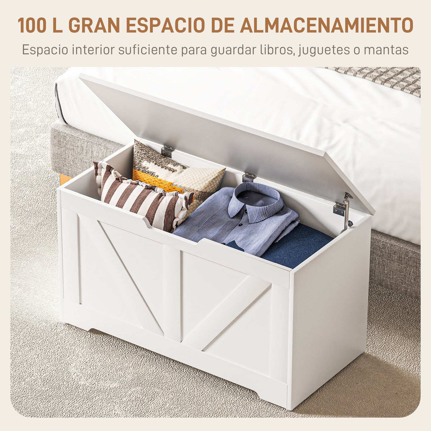 HOMCOM Baúl de Almacenaje para Dormitorio 100 L Banco de Almacenaje con Tapa Baúl de Almacenaje Versátil con Bisagra de Seguridad para Pasillo Salón 80x40x45 cm Blanco