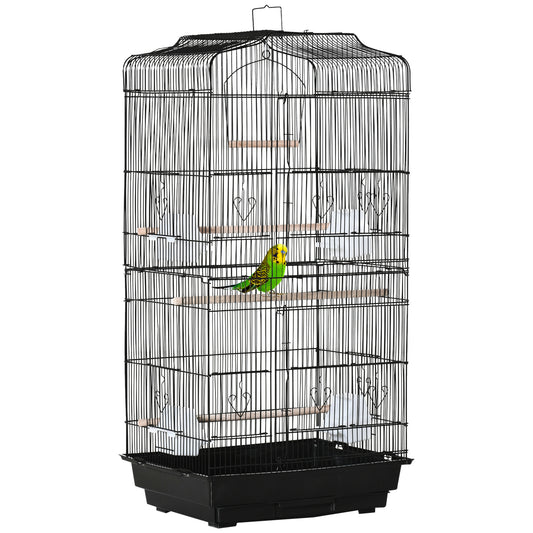 PawHut Jaula para Pájaros 46,5x35,5x92 cm Pajarera de Metal con Puertas 4 Comederos 3 Perchas Columpio Bandeja Extraíble y Asa de Transporte para Loro Canario Periquito Negro