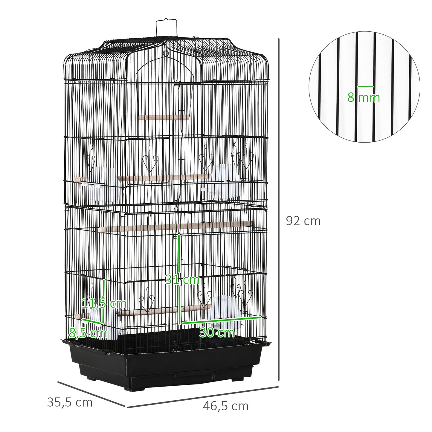 PawHut Jaula para Pájaros 46,5x35,5x92 cm Pajarera de Metal con Puertas 4 Comederos 3 Perchas Columpio Bandeja Extraíble y Asa de Transporte para Loro Canario Periquito Negro