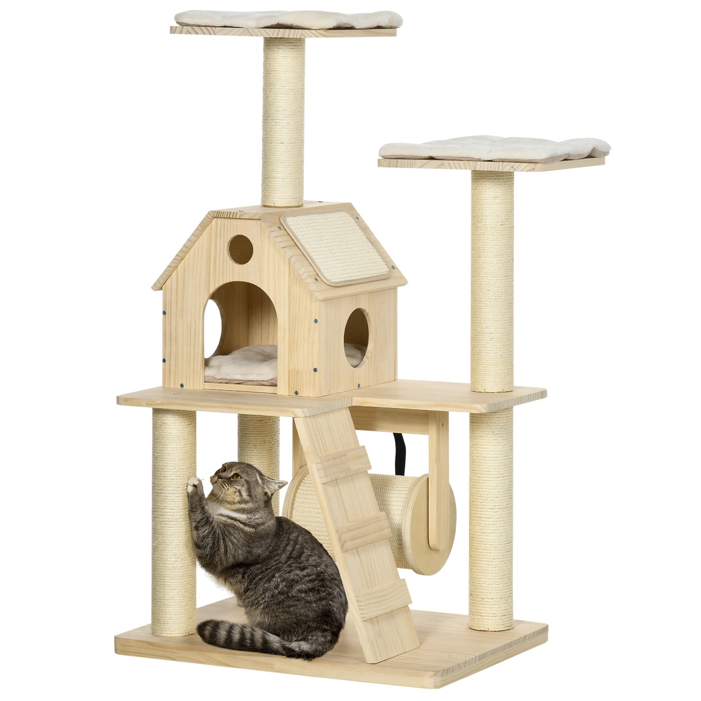 PawHut Árbol Rascador para Gatos de Madera Altura 125 cm Torre para Gatos con Camas Cojín Lavable Cueva Rodillo Postes de Sisal y Rampa 70x50x125 cm Natural