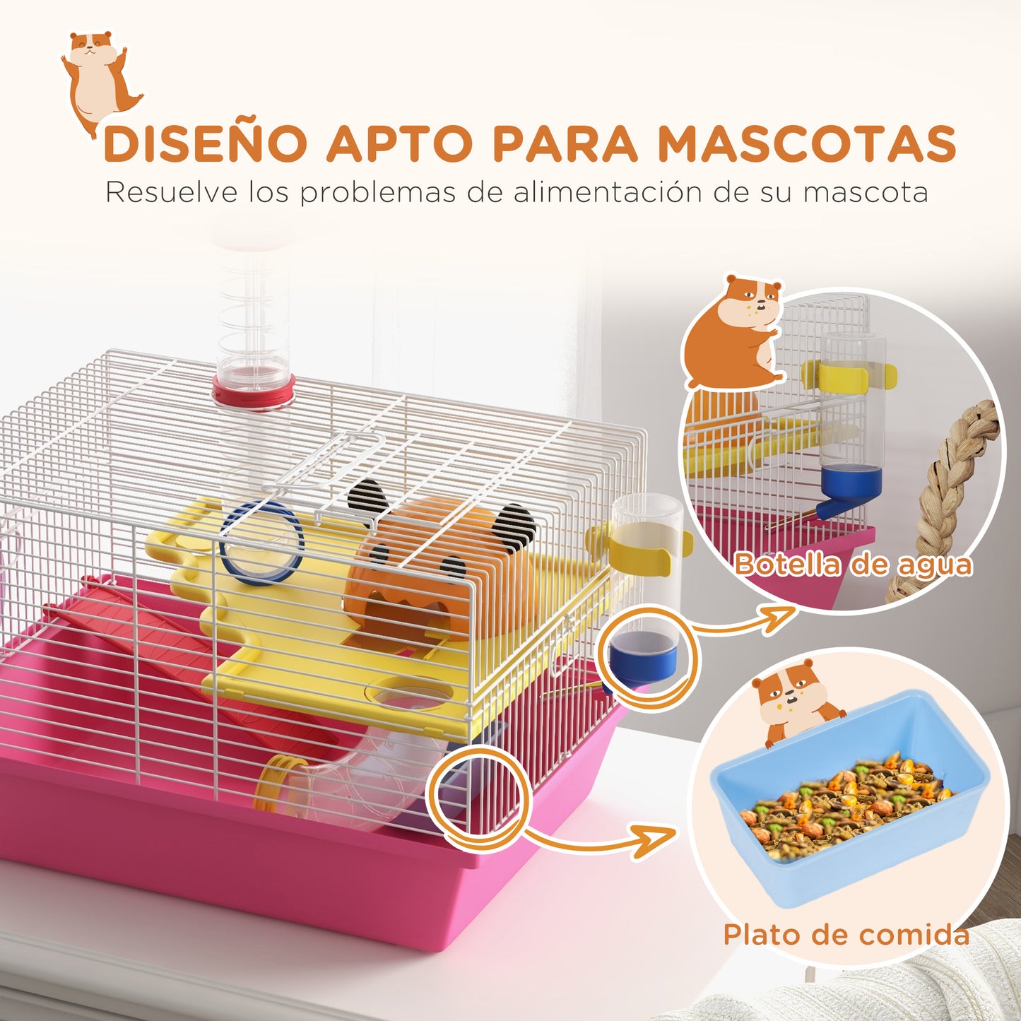 PawHut Jaula para Hámster Casa para Animales Pequeños con Cuenco Bebedero Rueda de Ejercicio Torre de Observación y Casita 34x27x25 cm Rosa