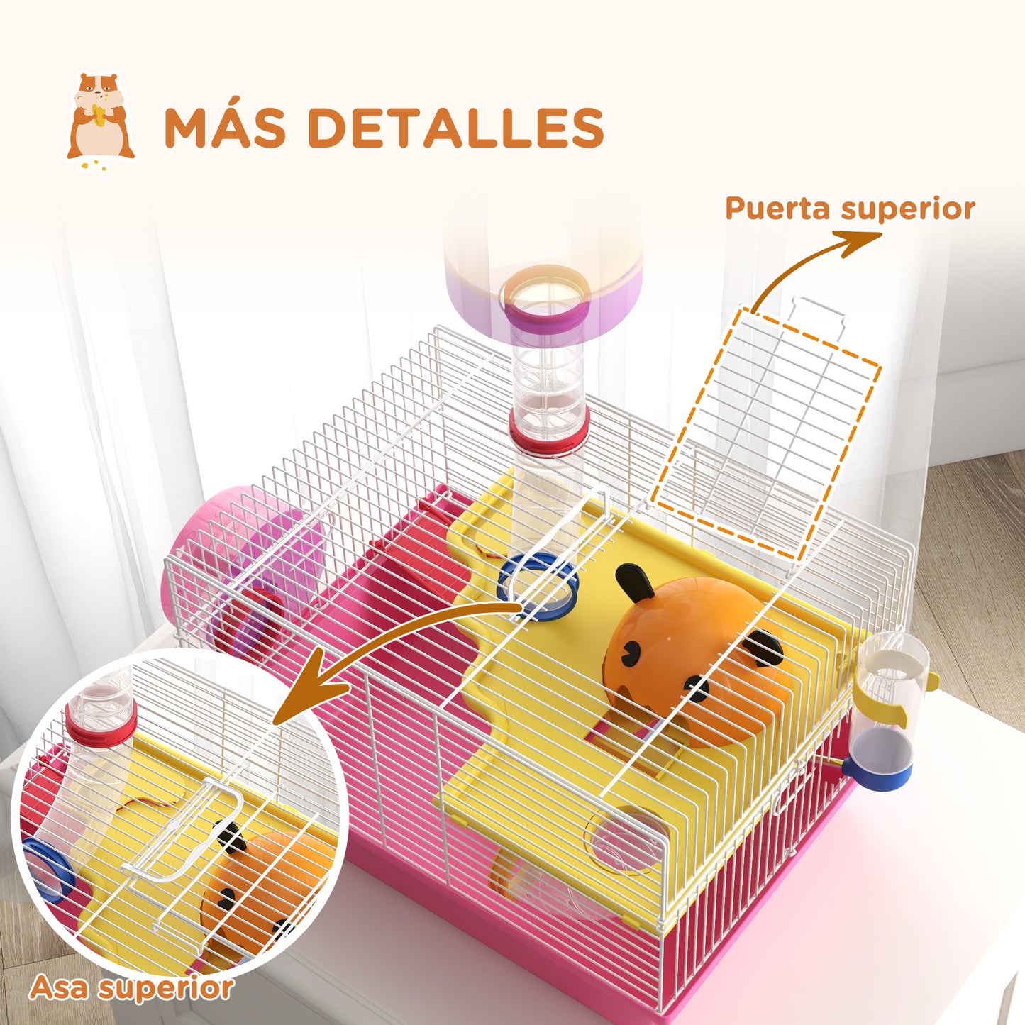 PawHut Jaula para Hámster Casa para Animales Pequeños con Cuenco Bebedero Rueda de Ejercicio Torre de Observación y Casita 34x27x25 cm Rosa