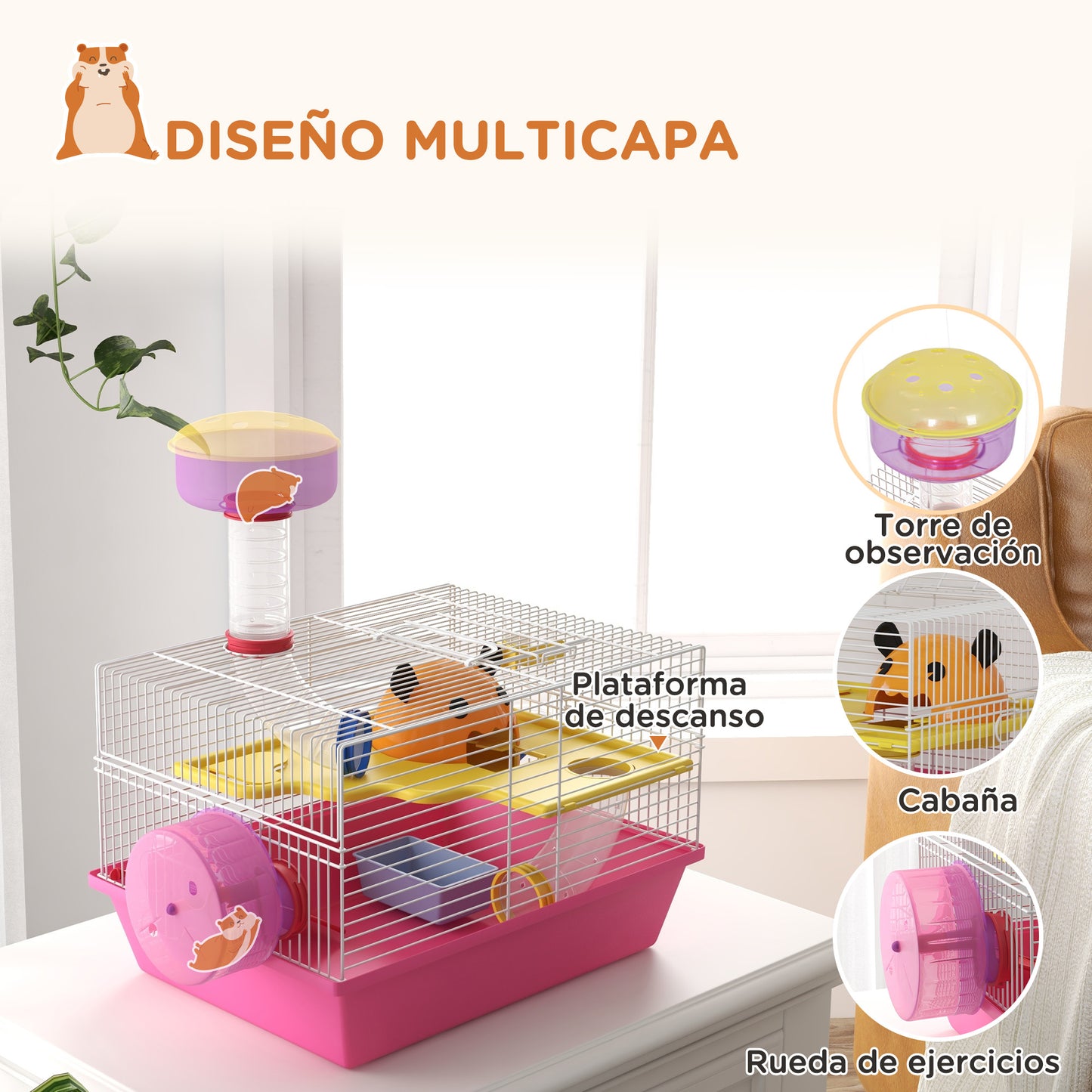 PawHut Jaula para Hámster Casa para Animales Pequeños con Cuenco Bebedero Rueda de Ejercicio Torre de Observación y Casita 34x27x25 cm Rosa