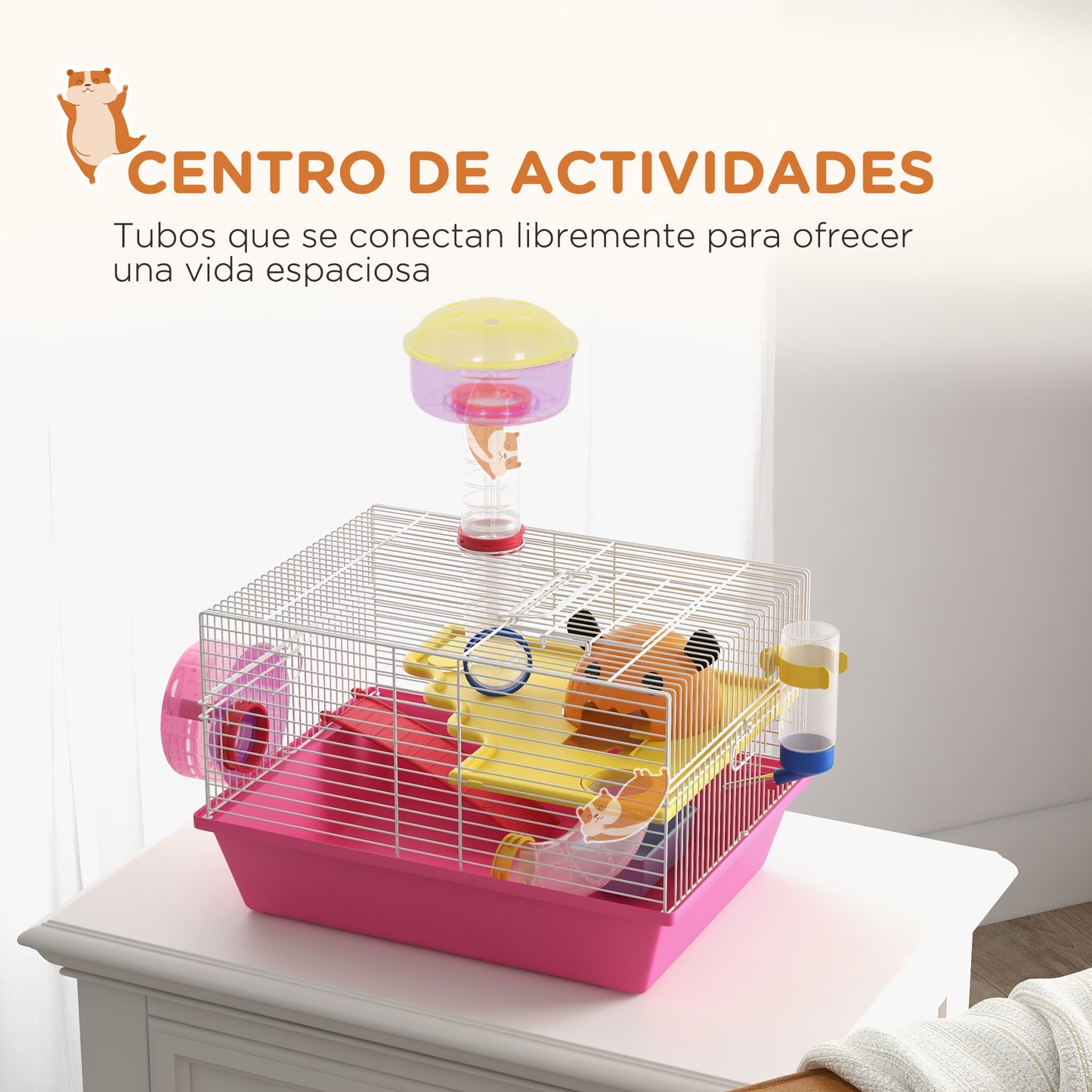 PawHut Jaula para Hámster Casa para Animales Pequeños con Cuenco Bebedero Rueda de Ejercicio Torre de Observación y Casita 34x27x25 cm Rosa