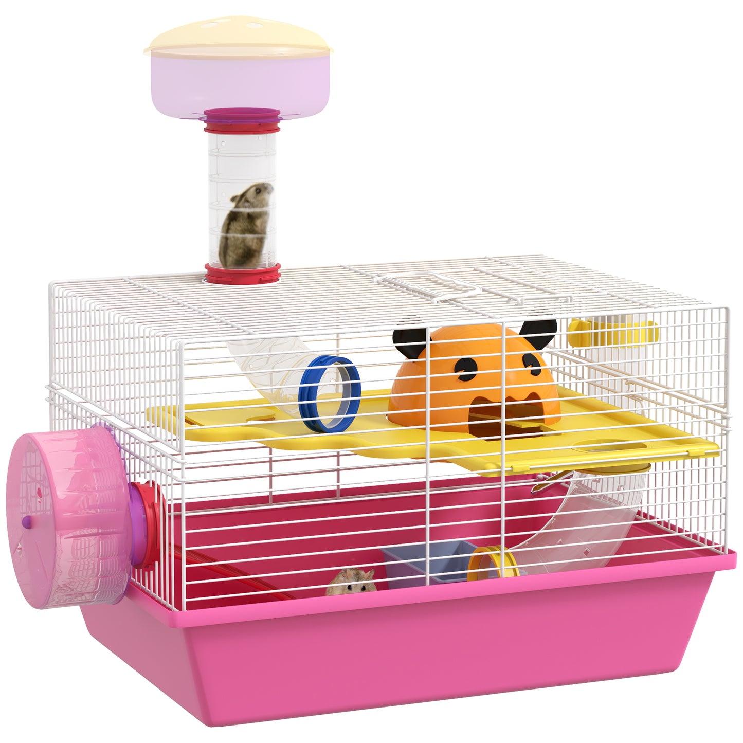 PawHut Jaula para Hámster Casa para Animales Pequeños con Cuenco Bebedero Rueda de Ejercicio Torre de Observación y Casita 34x27x25 cm Rosa