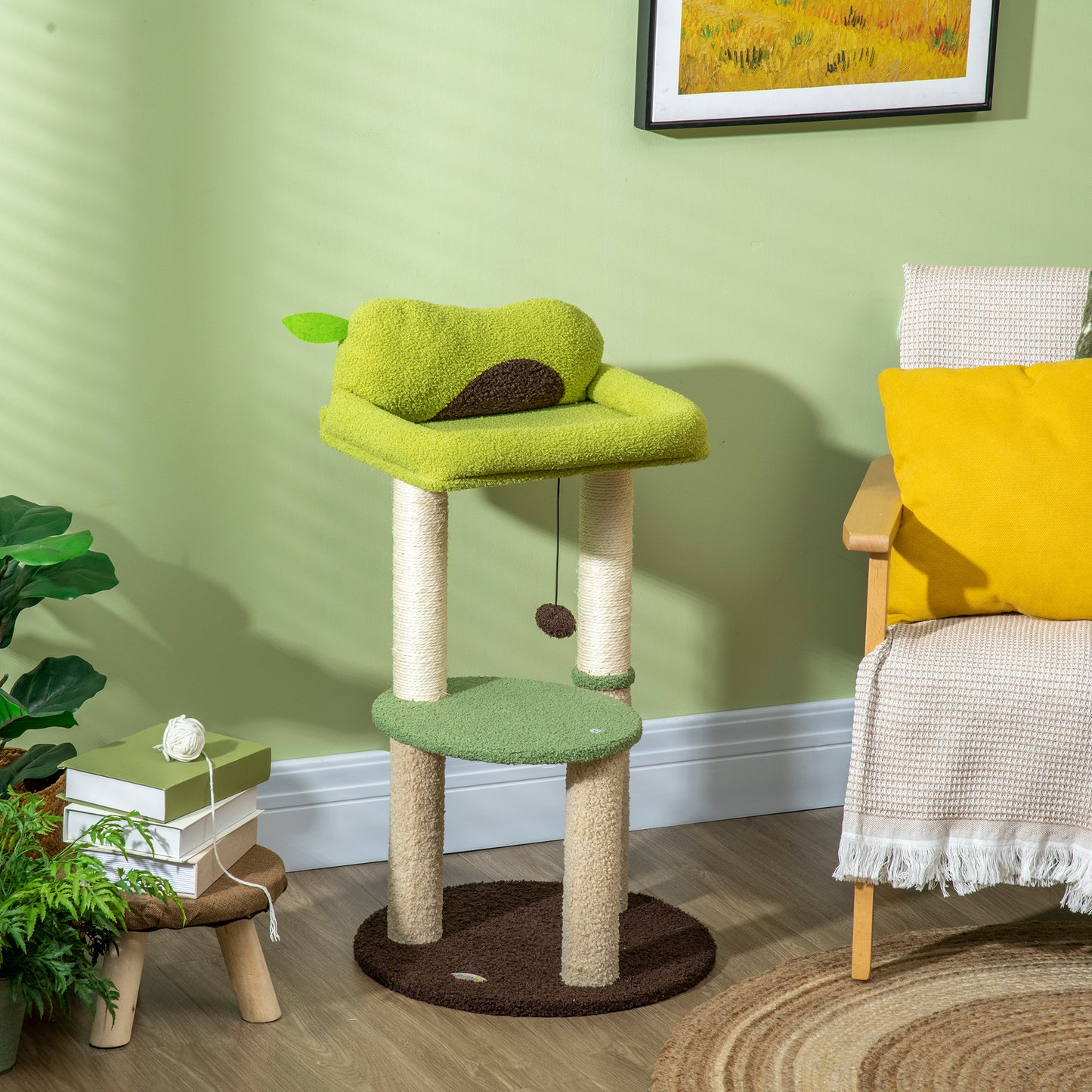 PawHut Árbol Rascador para Gatos Altura 83 cm Torre para Gatos con Cama en Forma de Aguacate Plataforma Postes de Sisal y Bola Colgante Ø44x83 cm Verde