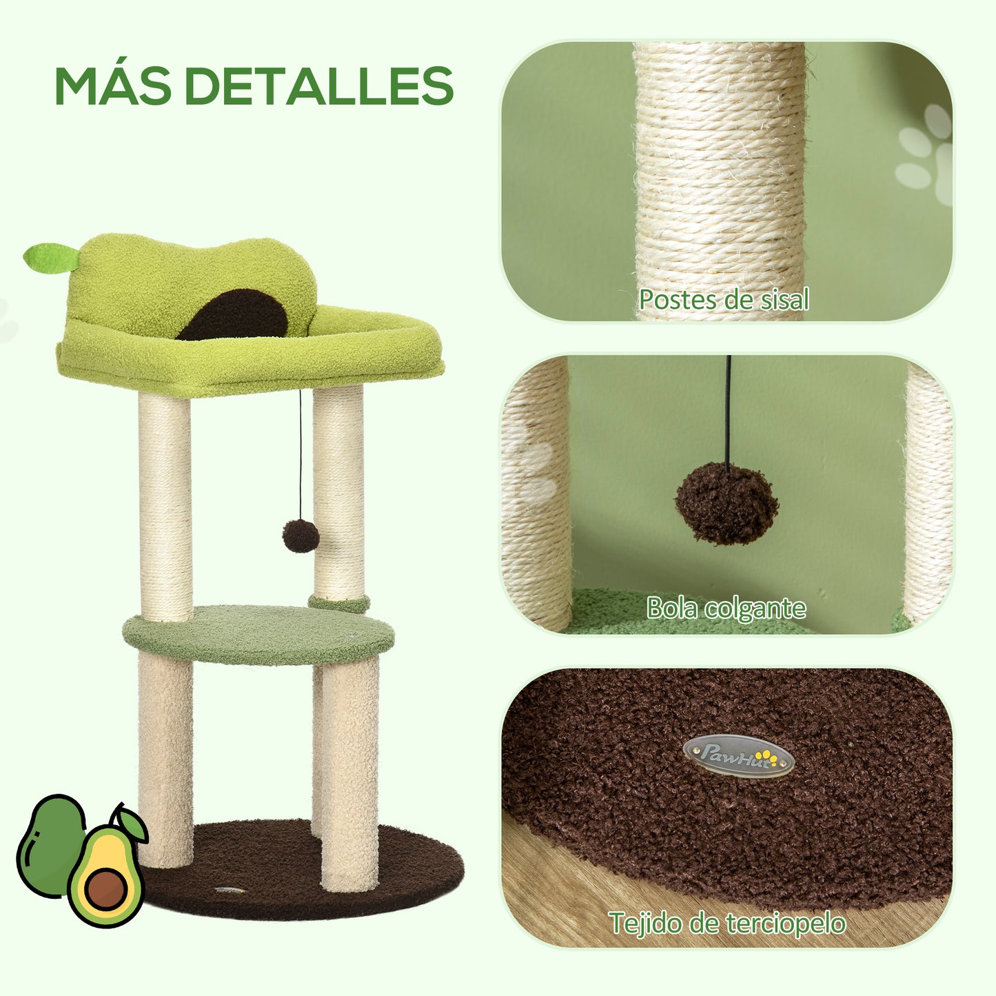 PawHut Árbol Rascador para Gatos Altura 83 cm Torre para Gatos con Cama en Forma de Aguacate Plataforma Postes de Sisal y Bola Colgante Ø44x83 cm Verde